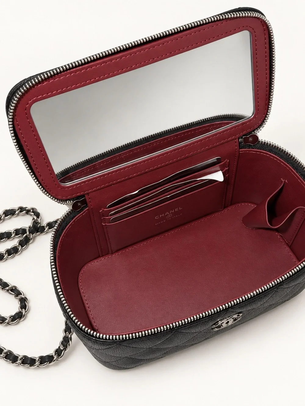 CHANEL Black Quilted Caviar Vanity Crossbody with Silver-Tone Chain